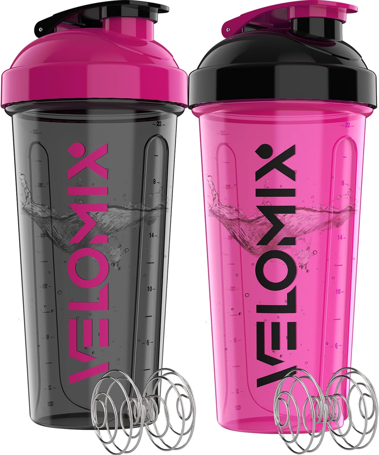 2 Pack- 28 oz Protein Shaker Bottles for Protein Mixes - 2x Wire Whisk | Leak Proof Shaker Cups for Protein Shakes | Protein Shaker Bottle Pack (Black/Transparent)