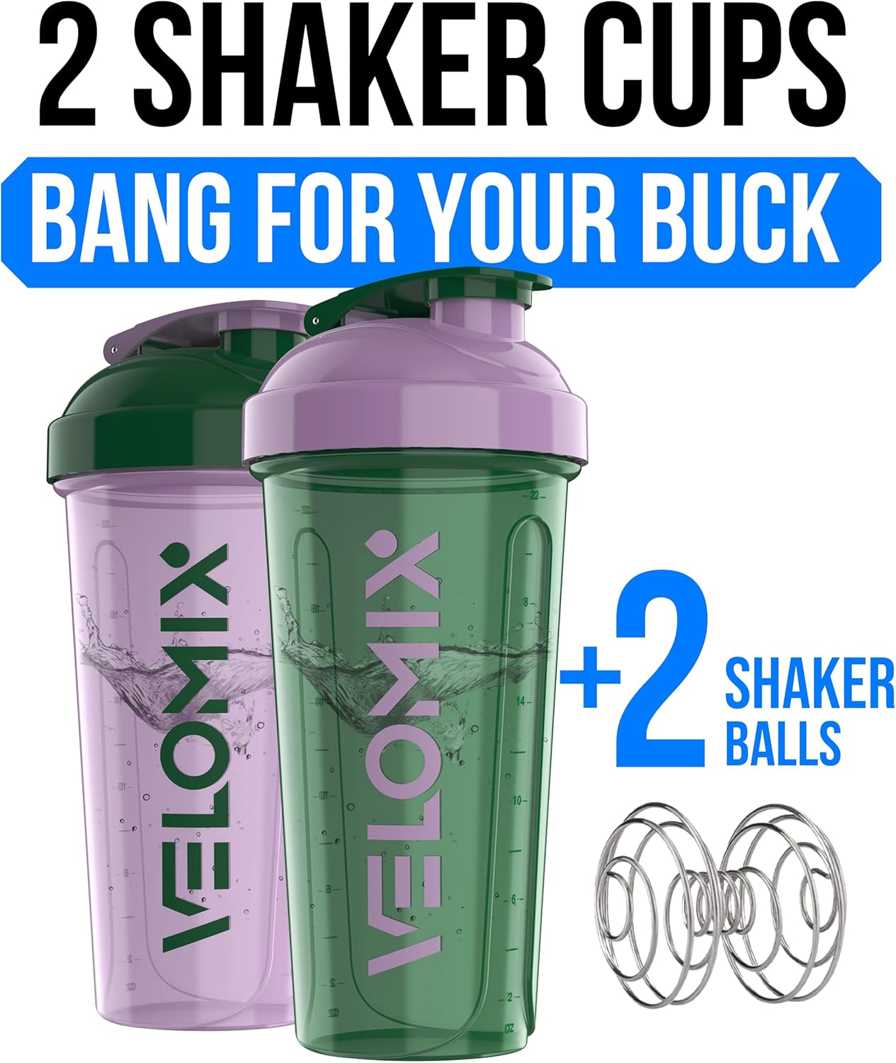 2 Pack- 28 oz Protein Shaker Bottles for Protein Mixes - 2x Wire Whisk | Leak Proof Shaker Cups for Protein Shakes | Protein Shaker Bottle Pack (Black/Transparent)