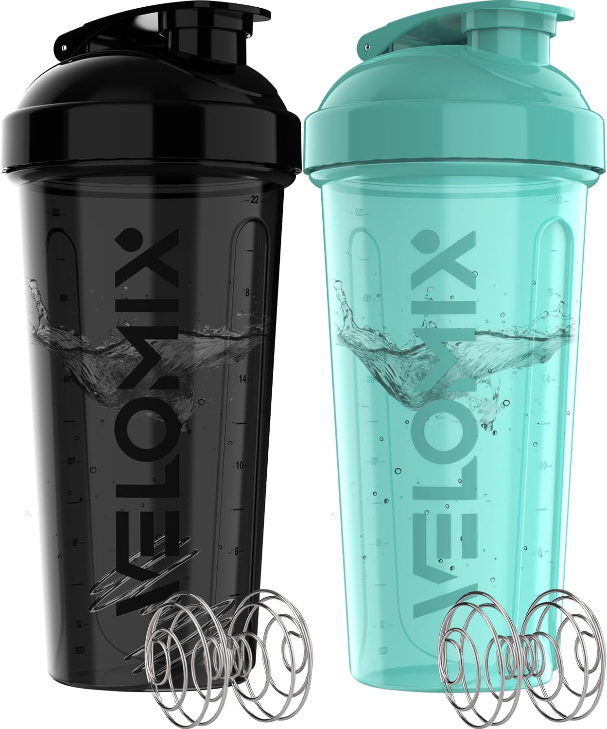 2 Pack- 28 oz Protein Shaker Bottles for Protein Mixes - 2x Wire Whisk | Leak Proof Shaker Cups for Protein Shakes | Protein Shaker Bottle Pack (Black/Transparent)