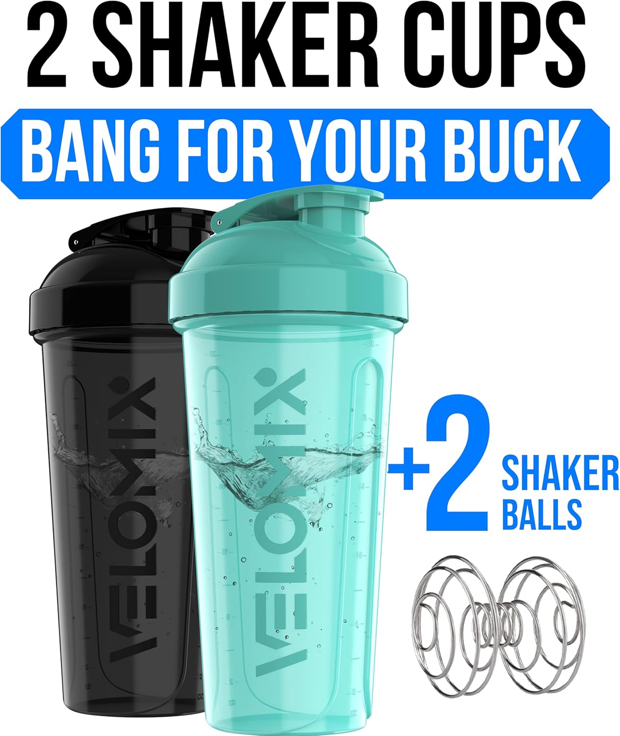 2 Pack- 28 oz Protein Shaker Bottles for Protein Mixes - 2x Wire Whisk | Leak Proof Shaker Cups for Protein Shakes | Protein Shaker Bottle Pack (Black/Transparent)