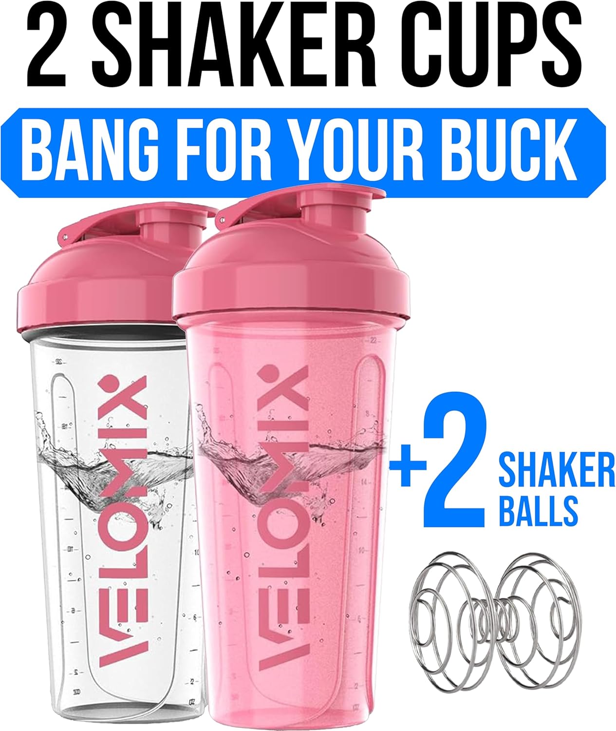 2 Pack- 28 oz Protein Shaker Bottles for Protein Mixes - 2x Wire Whisk | Leak Proof Shaker Cups for Protein Shakes | Protein Shaker Bottle Pack (Black/Transparent)