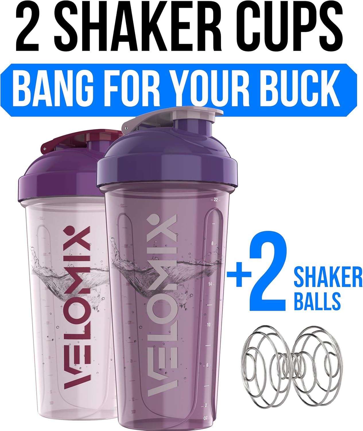 2 Pack- 28 oz Protein Shaker Bottles for Protein Mixes - 2x Wire Whisk | Leak Proof Shaker Cups for Protein Shakes | Protein Shaker Bottle Pack (Black/Transparent)