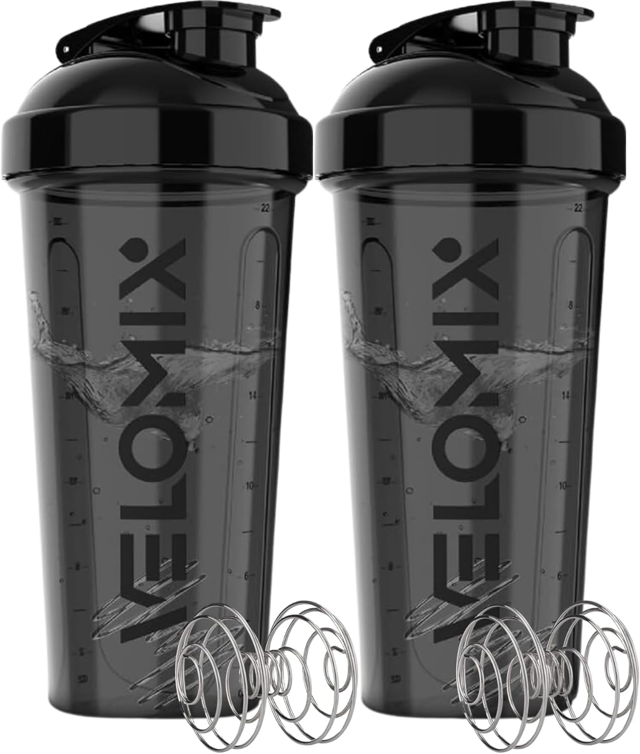 2 Pack- 28 oz Protein Shaker Bottles for Protein Mixes - 2x Wire Whisk | Leak Proof Shaker Cups for Protein Shakes | Protein Shaker Bottle Pack (Black/Transparent)