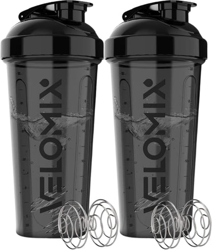 2 Pack- 28 oz Protein Shaker Bottles for Protein Mixes - 2x Wire Whisk | Leak Proof Shaker Cups for Protein Shakes | Protein Shaker Bottle Pack (Black/Transparent)