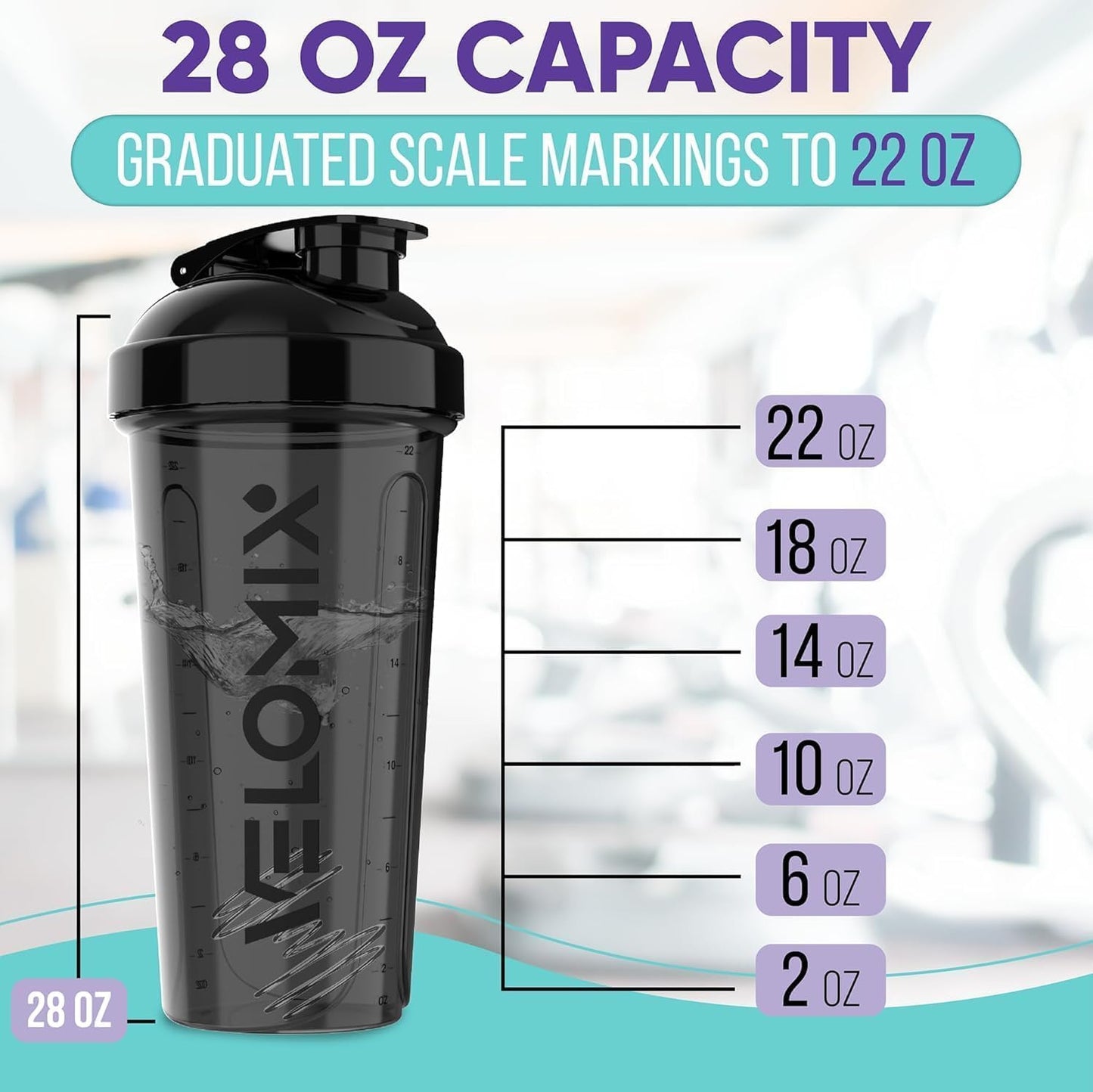 2 Pack- 28 oz Protein Shaker Bottles for Protein Mixes - 2x Wire Whisk | Leak Proof Shaker Cups for Protein Shakes | Protein Shaker Bottle Pack (Black/Transparent)