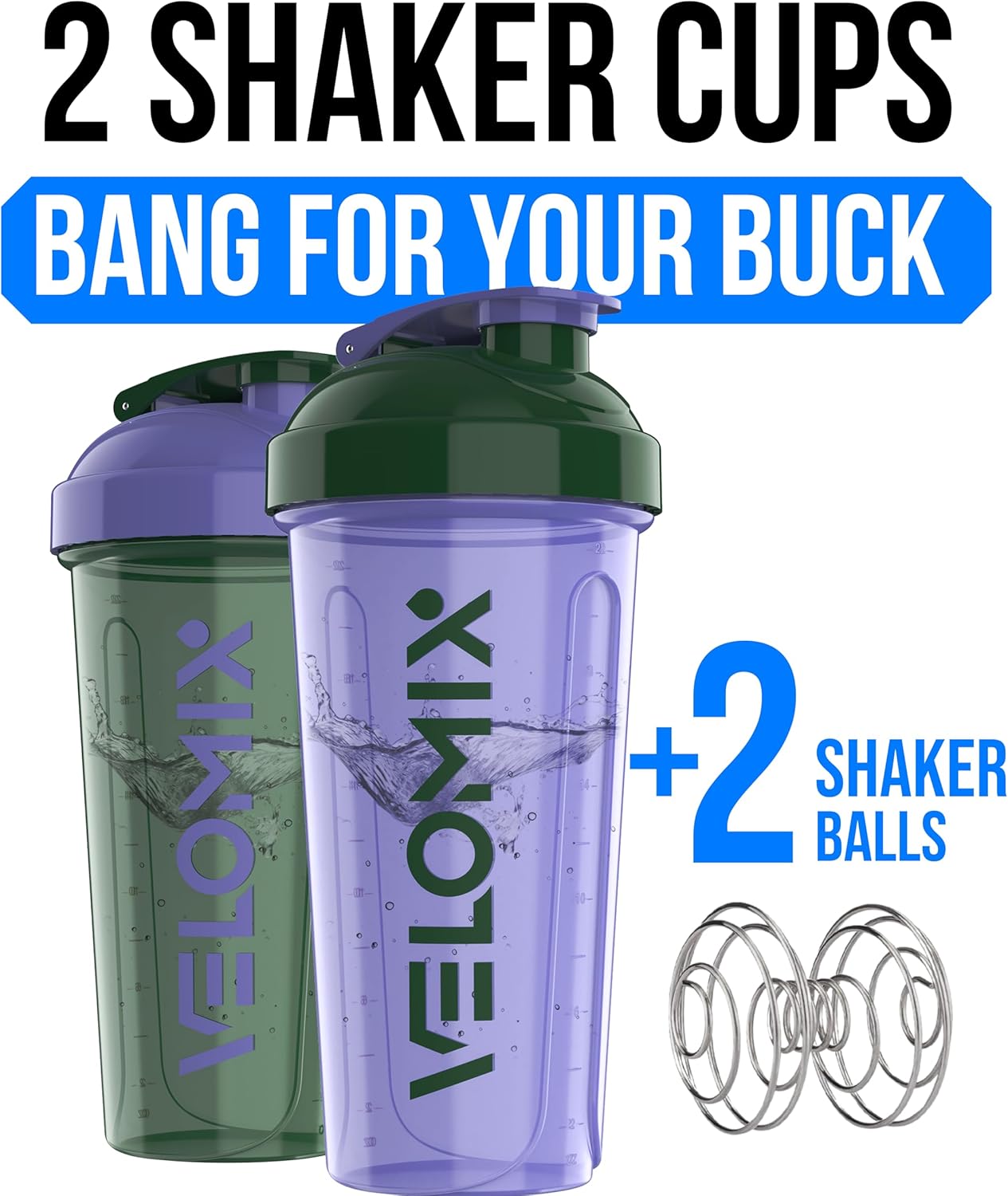2 Pack- 28 oz Protein Shaker Bottles for Protein Mixes - 2x Wire Whisk | Leak Proof Shaker Cups for Protein Shakes | Protein Shaker Bottle Pack (Black/Transparent)