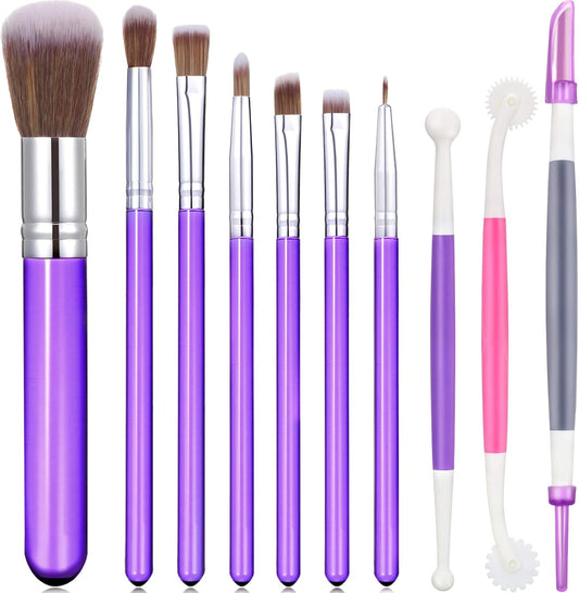 10 Pcs Food Safe Paint Brushes Fondant Tools for Cake Baking Chocolate Sugar Cookie Decoration Cake Brushes for Luster Dust Pastry Decorating Supplies with Fondant and Gum Paste Tool(Purple)