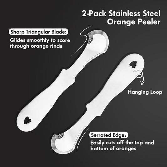 Set of 2 Stainless Steel Orange Peeler – Triangular & Serrated Blade to Easily Peel Citrus, Pomegranates, Dragon Fruit, Grapefruit