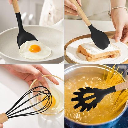 12-Piece Silicone Kitchen Utensils Set with Wooden Handle, Non-Stick & Heat Resistant Cooking Utensils (446°F), Includes Spatula, Spoon, Turner, Tongs, Whisk, Great for Home Cooks-Black