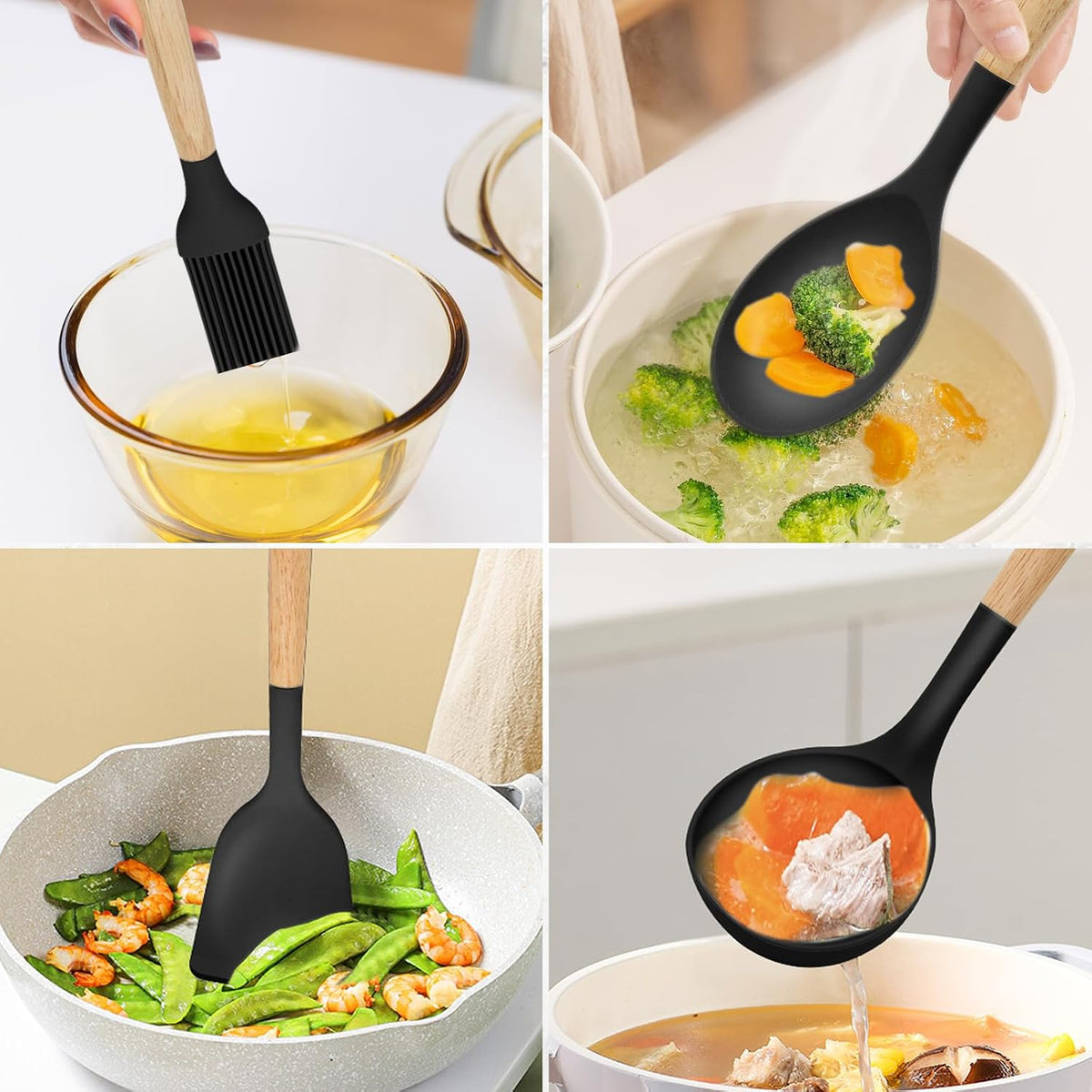 12-Piece Silicone Kitchen Utensils Set with Wooden Handle, Non-Stick & Heat Resistant Cooking Utensils (446°F), Includes Spatula, Spoon, Turner, Tongs, Whisk, Great for Home Cooks-Black