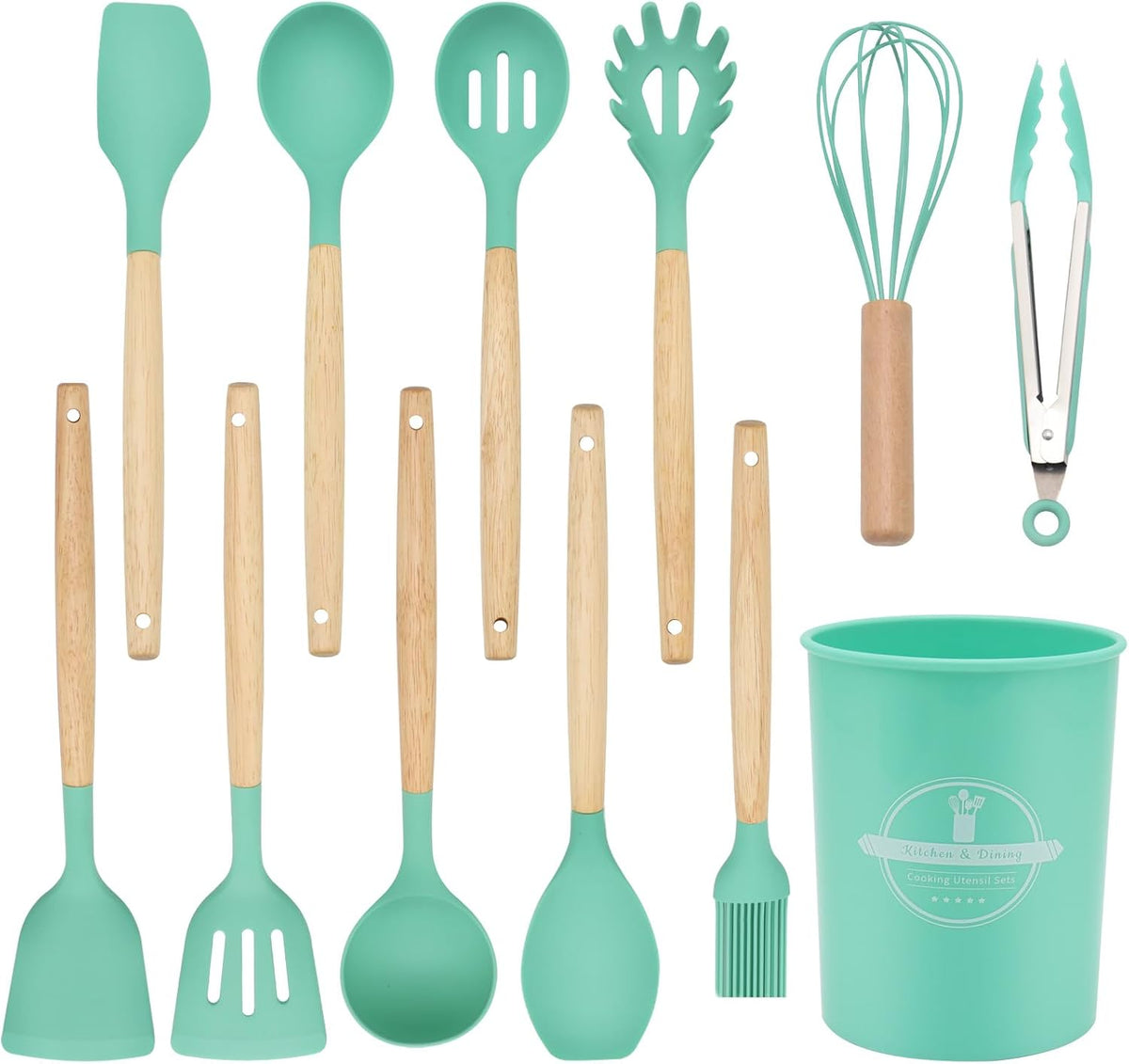 12-Piece Silicone Kitchen Utensils Set with Wooden Handle, Non-Stick & Heat Resistant Cooking Utensils (446°F), Includes Spatula, Spoon, Turner, Tongs, Whisk, Great for Home Cooks-Black