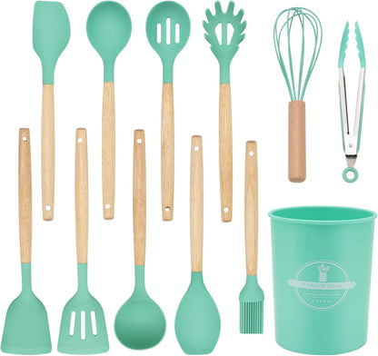 12-Piece Silicone Kitchen Utensils Set with Wooden Handle, Non-Stick & Heat Resistant Cooking Utensils (446°F), Includes Spatula, Spoon, Turner, Tongs, Whisk, Great for Home Cooks-Black