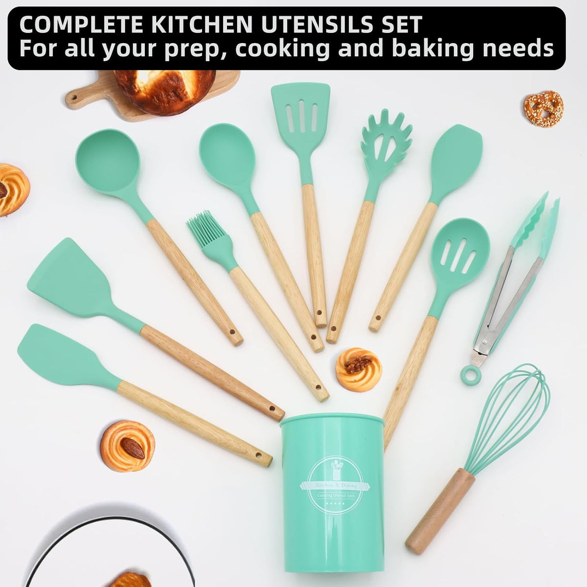 12-Piece Silicone Kitchen Utensils Set with Wooden Handle, Non-Stick & Heat Resistant Cooking Utensils (446°F), Includes Spatula, Spoon, Turner, Tongs, Whisk, Great for Home Cooks-Black