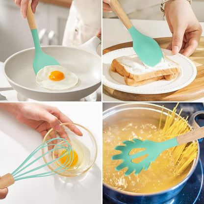 12-Piece Silicone Kitchen Utensils Set with Wooden Handle, Non-Stick & Heat Resistant Cooking Utensils (446°F), Includes Spatula, Spoon, Turner, Tongs, Whisk, Great for Home Cooks-Black