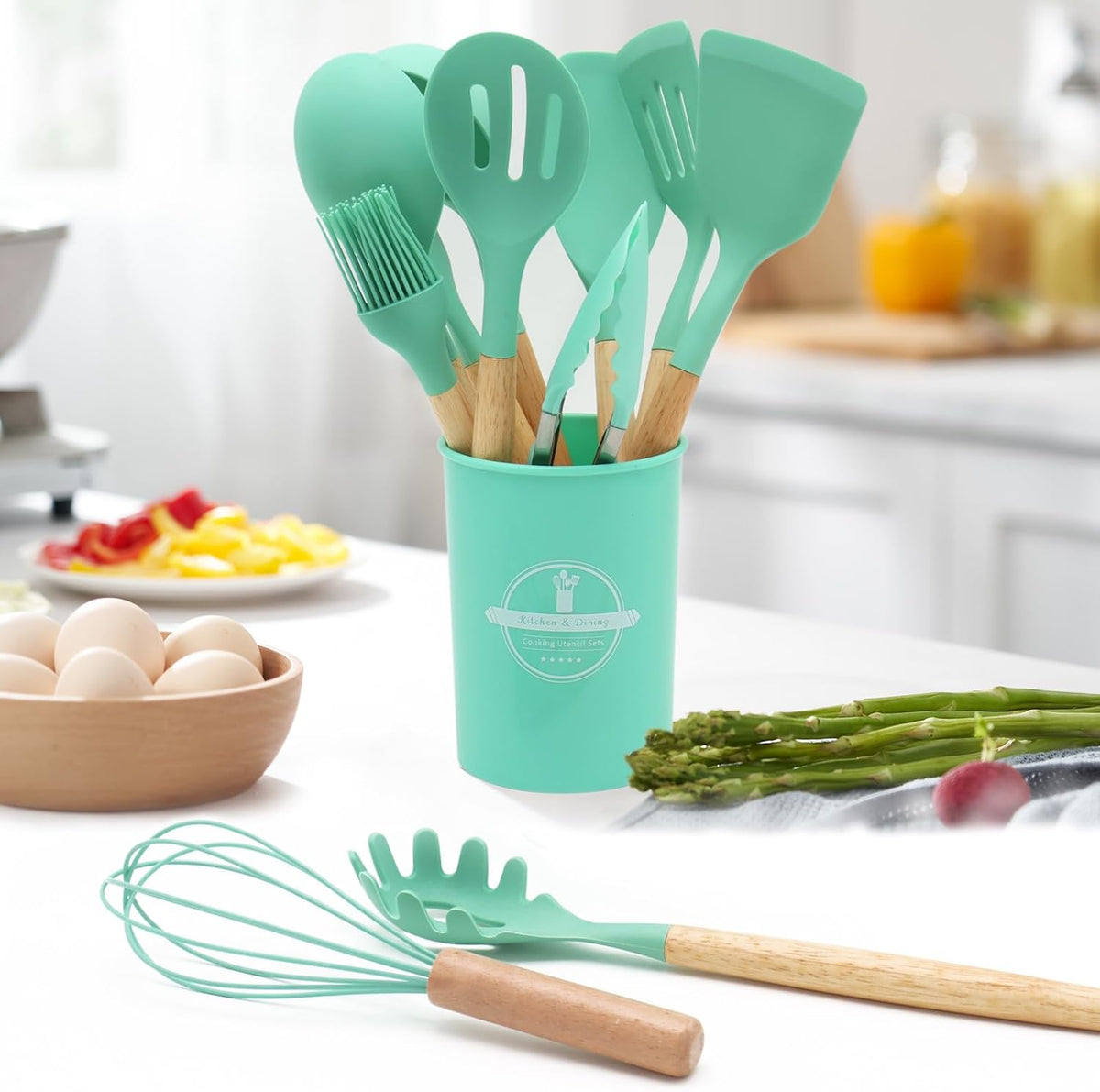12-Piece Silicone Kitchen Utensils Set with Wooden Handle, Non-Stick & Heat Resistant Cooking Utensils (446°F), Includes Spatula, Spoon, Turner, Tongs, Whisk, Great for Home Cooks-Black