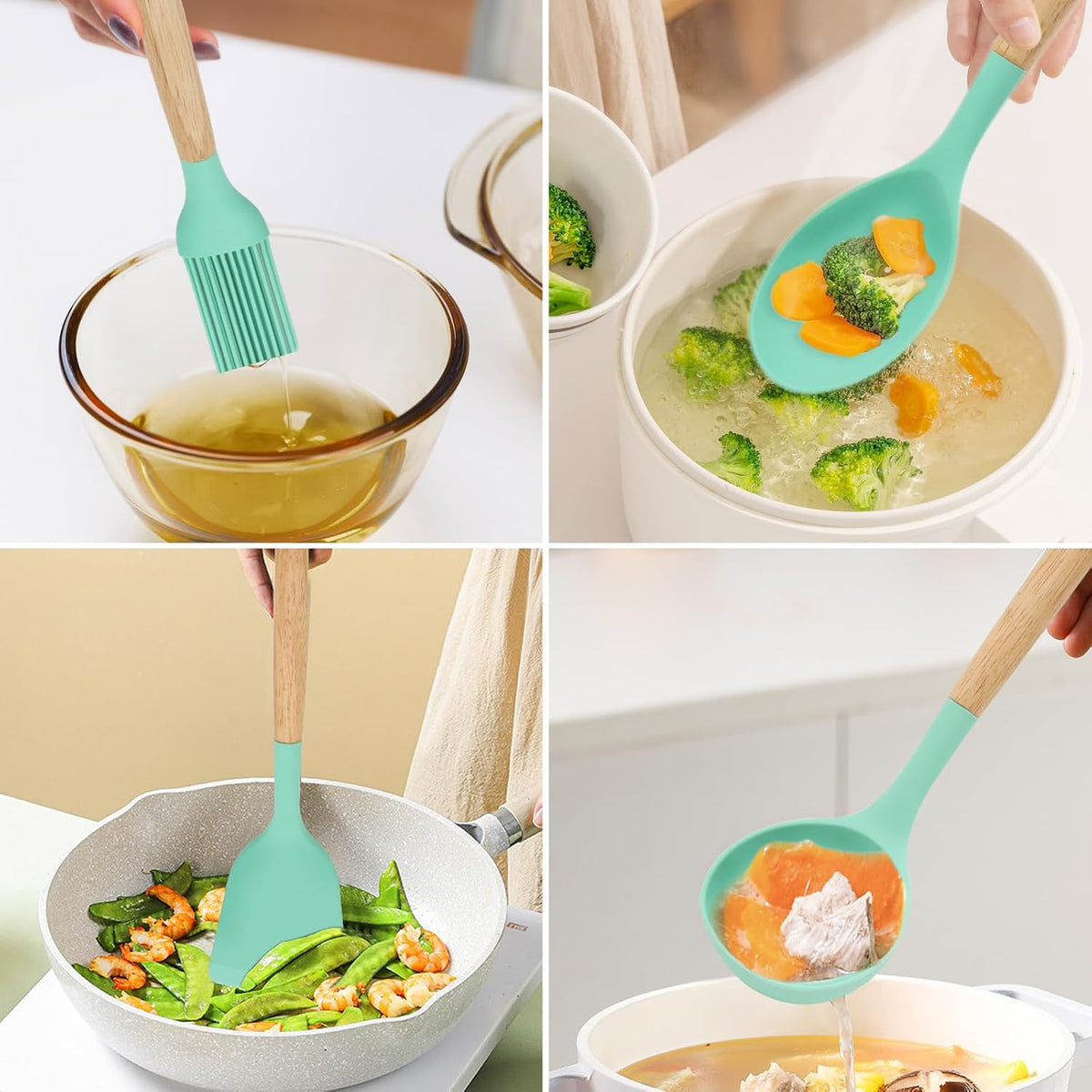 12-Piece Silicone Kitchen Utensils Set with Wooden Handle, Non-Stick & Heat Resistant Cooking Utensils (446°F), Includes Spatula, Spoon, Turner, Tongs, Whisk, Great for Home Cooks-Black