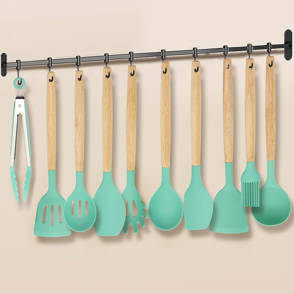 12-Piece Silicone Kitchen Utensils Set with Wooden Handle, Non-Stick & Heat Resistant Cooking Utensils (446°F), Includes Spatula, Spoon, Turner, Tongs, Whisk, Great for Home Cooks-Black