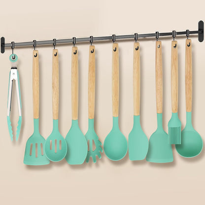 12-Piece Silicone Kitchen Utensils Set with Wooden Handle, Non-Stick & Heat Resistant Cooking Utensils (446°F), Includes Spatula, Spoon, Turner, Tongs, Whisk, Great for Home Cooks-Black