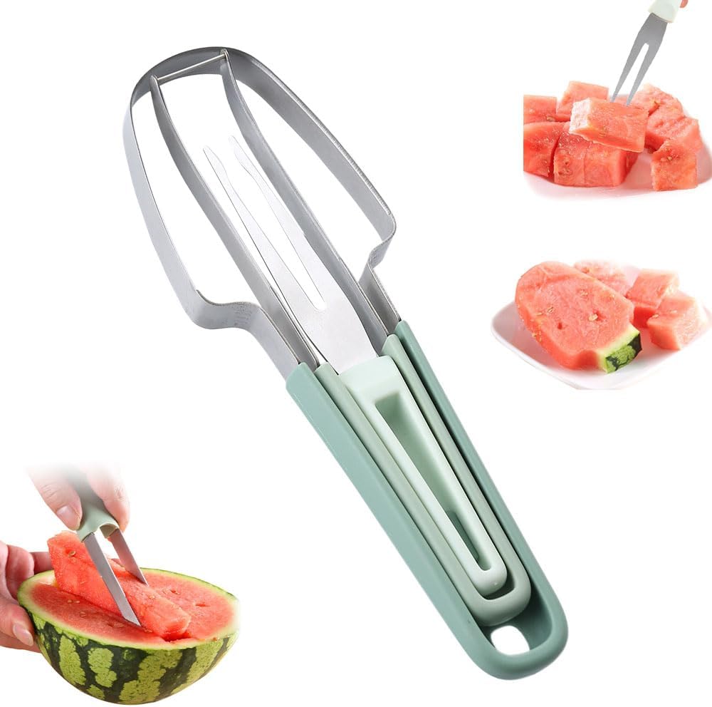 3-in-1 Watermelon Fork Slicer Cutter, 2025 New Stainless Steel Watermelon Popsicle Cutter Slicer Tool, Quickly Watermelon Fork Fruit Cutting Tool Fruit Cutters for Camping Kitchen Gadgets (Green)