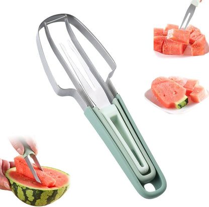 3-in-1 Watermelon Fork Slicer Cutter, 2025 New Stainless Steel Watermelon Popsicle Cutter Slicer Tool, Quickly Watermelon Fork Fruit Cutting Tool Fruit Cutters for Camping Kitchen Gadgets (Green)