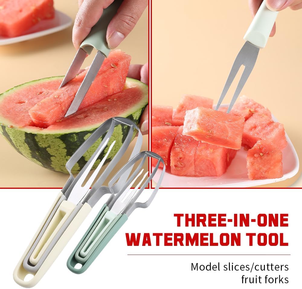 3-in-1 Watermelon Fork Slicer Cutter, 2025 New Stainless Steel Watermelon Popsicle Cutter Slicer Tool, Quickly Watermelon Fork Fruit Cutting Tool Fruit Cutters for Camping Kitchen Gadgets (Green)