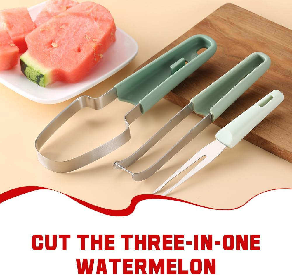 3-in-1 Watermelon Fork Slicer Cutter, 2025 New Stainless Steel Watermelon Popsicle Cutter Slicer Tool, Quickly Watermelon Fork Fruit Cutting Tool Fruit Cutters for Camping Kitchen Gadgets (Green)
