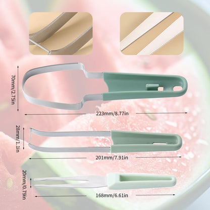 3-in-1 Watermelon Fork Slicer Cutter, 2025 New Stainless Steel Watermelon Popsicle Cutter Slicer Tool, Quickly Watermelon Fork Fruit Cutting Tool Fruit Cutters for Camping Kitchen Gadgets (Green)