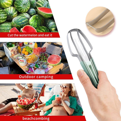 3-in-1 Watermelon Fork Slicer Cutter, 2025 New Stainless Steel Watermelon Popsicle Cutter Slicer Tool, Quickly Watermelon Fork Fruit Cutting Tool Fruit Cutters for Camping Kitchen Gadgets (Green)