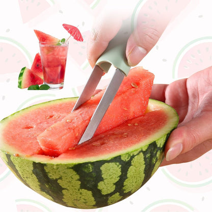 3-in-1 Watermelon Fork Slicer Cutter, 2025 New Stainless Steel Watermelon Popsicle Cutter Slicer Tool, Quickly Watermelon Fork Fruit Cutting Tool Fruit Cutters for Camping Kitchen Gadgets (Green)