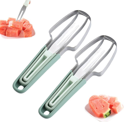 3-in-1 Watermelon Fork Slicer Cutter, 2025 New Stainless Steel Watermelon Popsicle Cutter Slicer Tool, Quickly Watermelon Fork Fruit Cutting Tool Fruit Cutters for Camping Kitchen Gadgets (Green)