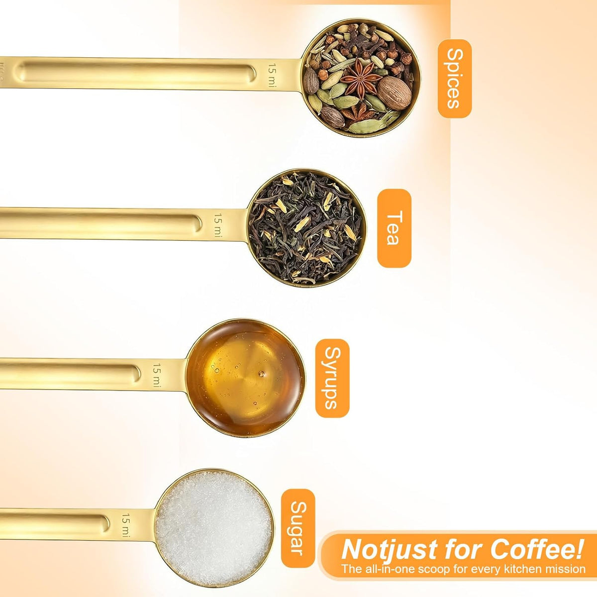 Double Sided Coffee Measuring Spoon, Stainless Steel Teaspoon Scoop 1 Tsp (5ml) and 1 Tbsp (15ml) Tablespoon Measuring Spoon, Dual-Measure Long-Handle Spoons for Kitchen Sugar Baking Precise Gold