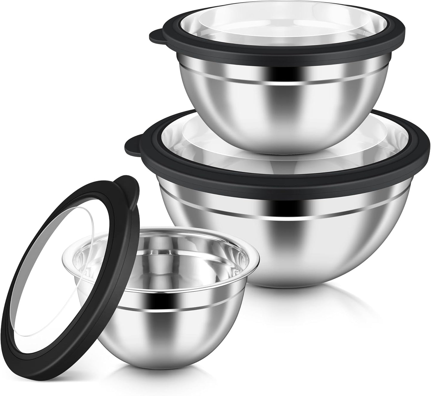 Mixing Bowls with Airtight Clear Lids, 6-Piece Nesting Bowls Set | Stainless Steel Salad Bowl for Cooking, Prepping, Baking, Serving & Food Storage, Size 4.6, 3, 1.5QT, Black