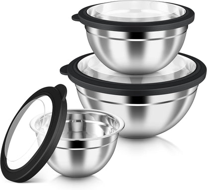Mixing Bowls with Airtight Clear Lids, 6-Piece Nesting Bowls Set | Stainless Steel Salad Bowl for Cooking, Prepping, Baking, Serving & Food Storage, Size 4.6, 3, 1.5QT, Black