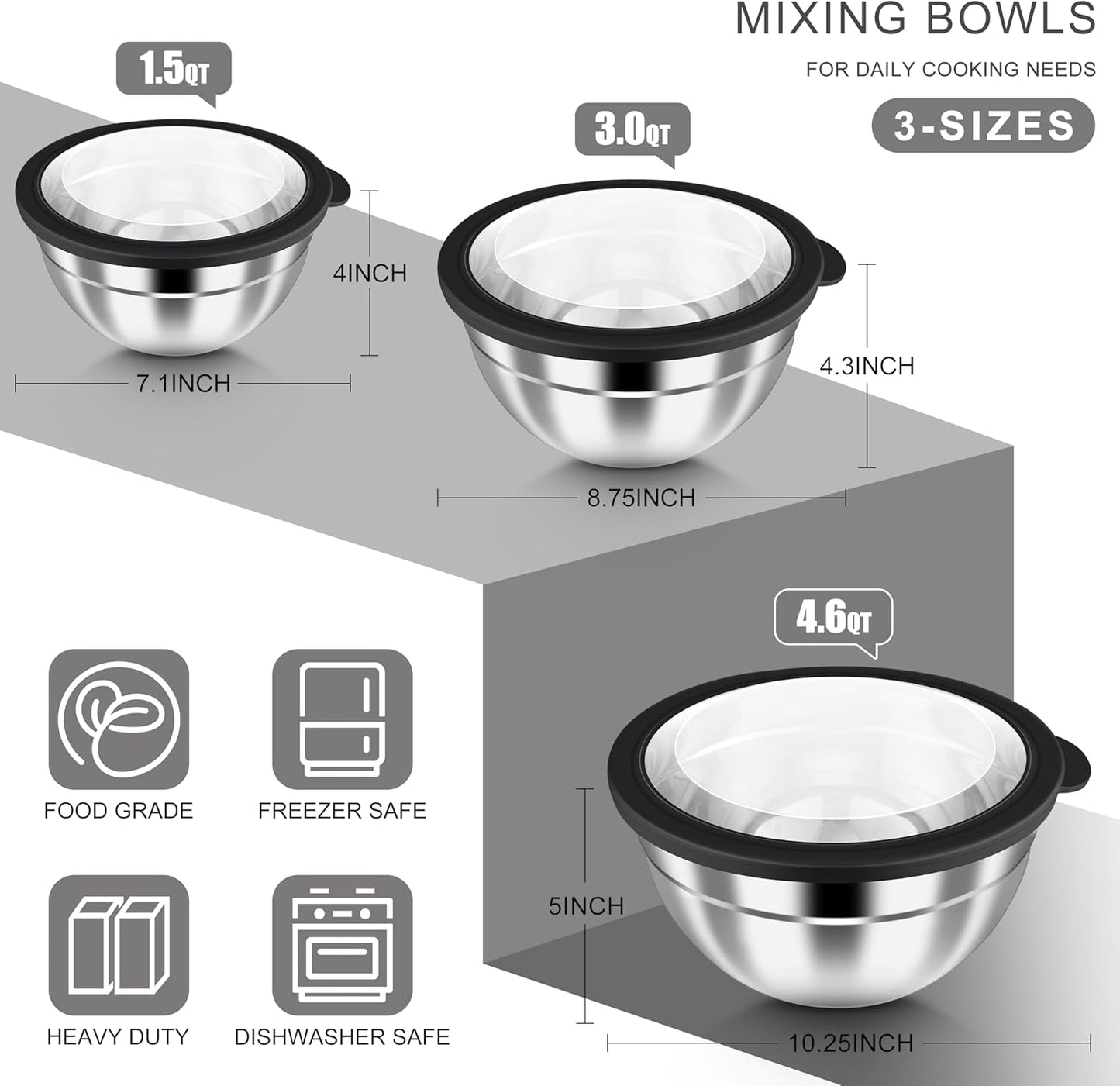 Mixing Bowls with Airtight Clear Lids, 6-Piece Nesting Bowls Set | Stainless Steel Salad Bowl for Cooking, Prepping, Baking, Serving & Food Storage, Size 4.6, 3, 1.5QT, Black
