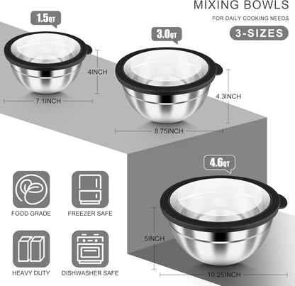 Mixing Bowls with Airtight Clear Lids, 6-Piece Nesting Bowls Set | Stainless Steel Salad Bowl for Cooking, Prepping, Baking, Serving & Food Storage, Size 4.6, 3, 1.5QT, Black