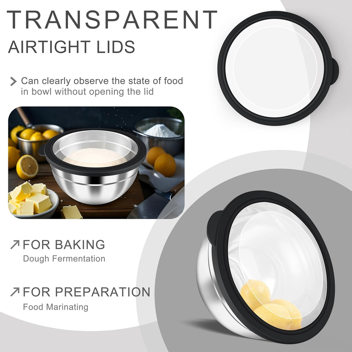 Mixing Bowls with Airtight Clear Lids, 6-Piece Nesting Bowls Set | Stainless Steel Salad Bowl for Cooking, Prepping, Baking, Serving & Food Storage, Size 4.6, 3, 1.5QT, Black