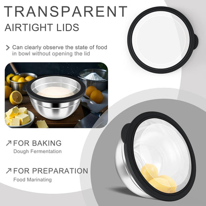 Mixing Bowls with Airtight Clear Lids, 6-Piece Nesting Bowls Set | Stainless Steel Salad Bowl for Cooking, Prepping, Baking, Serving & Food Storage, Size 4.6, 3, 1.5QT, Black