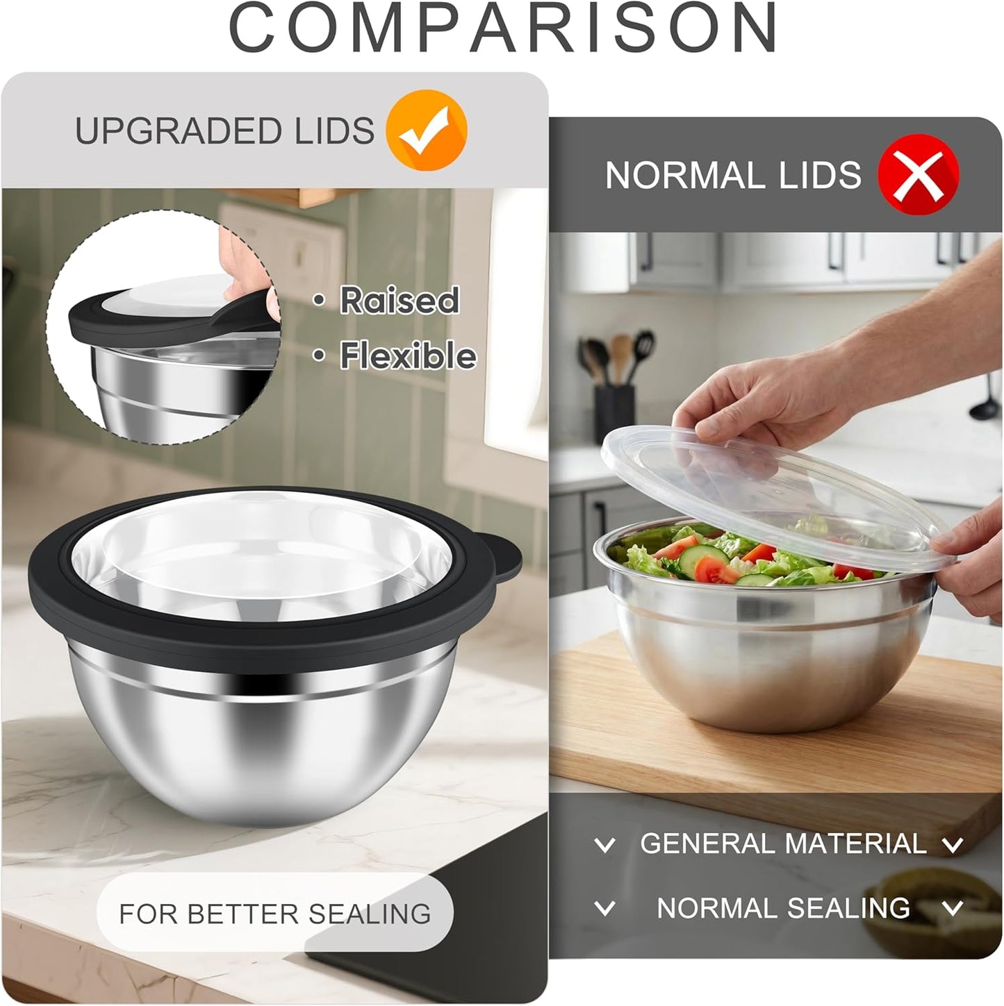 Mixing Bowls with Airtight Clear Lids, 6-Piece Nesting Bowls Set | Stainless Steel Salad Bowl for Cooking, Prepping, Baking, Serving & Food Storage, Size 4.6, 3, 1.5QT, Black