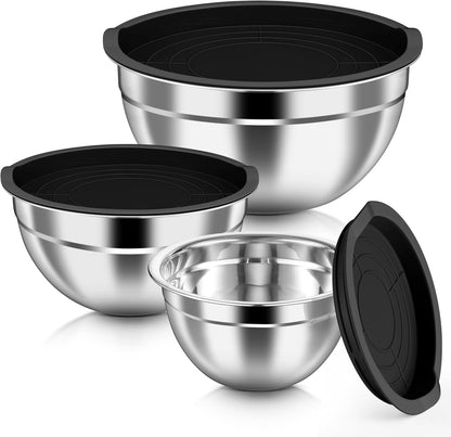 Mixing Bowls with Airtight Clear Lids, 6-Piece Nesting Bowls Set | Stainless Steel Salad Bowl for Cooking, Prepping, Baking, Serving & Food Storage, Size 4.6, 3, 1.5QT, Black