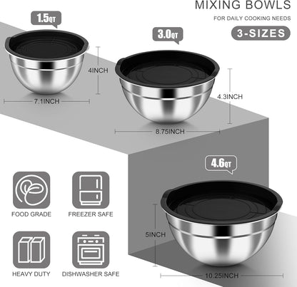 Mixing Bowls with Airtight Clear Lids, 6-Piece Nesting Bowls Set | Stainless Steel Salad Bowl for Cooking, Prepping, Baking, Serving & Food Storage, Size 4.6, 3, 1.5QT, Black