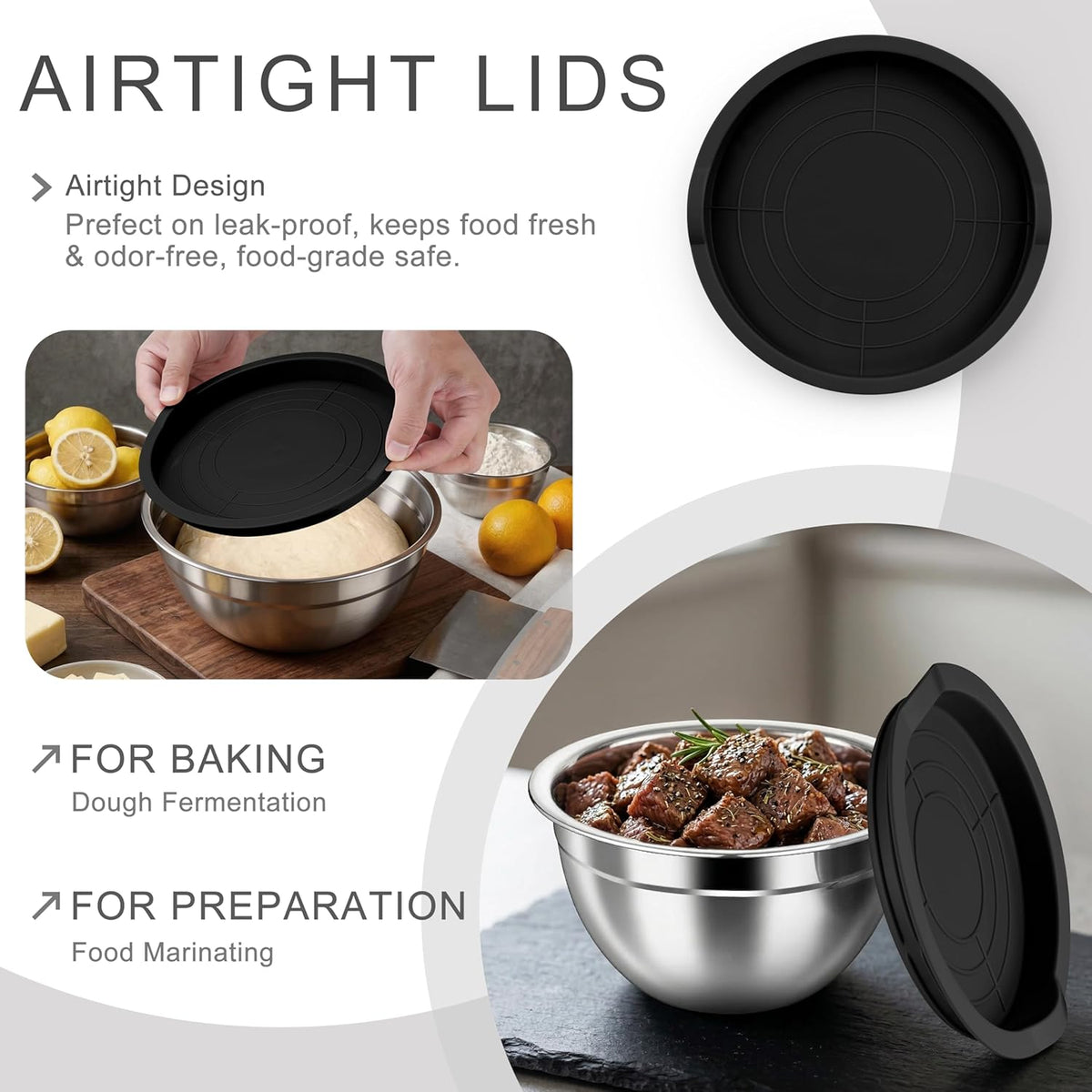 Mixing Bowls with Airtight Clear Lids, 6-Piece Nesting Bowls Set | Stainless Steel Salad Bowl for Cooking, Prepping, Baking, Serving & Food Storage, Size 4.6, 3, 1.5QT, Black