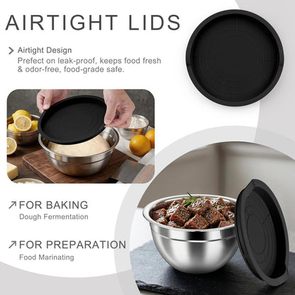 Mixing Bowls with Airtight Clear Lids, 6-Piece Nesting Bowls Set | Stainless Steel Salad Bowl for Cooking, Prepping, Baking, Serving & Food Storage, Size 4.6, 3, 1.5QT, Black