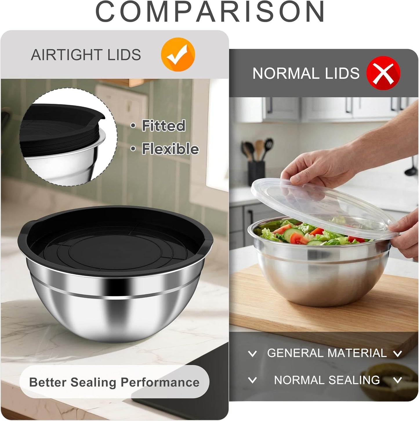 Mixing Bowls with Airtight Clear Lids, 6-Piece Nesting Bowls Set | Stainless Steel Salad Bowl for Cooking, Prepping, Baking, Serving & Food Storage, Size 4.6, 3, 1.5QT, Black