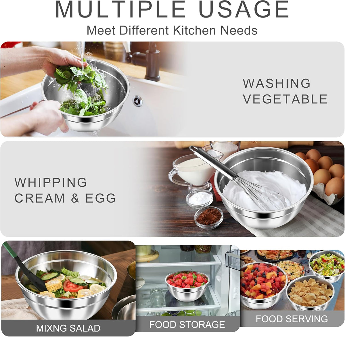 Mixing Bowls with Airtight Clear Lids, 6-Piece Nesting Bowls Set | Stainless Steel Salad Bowl for Cooking, Prepping, Baking, Serving & Food Storage, Size 4.6, 3, 1.5QT, Black