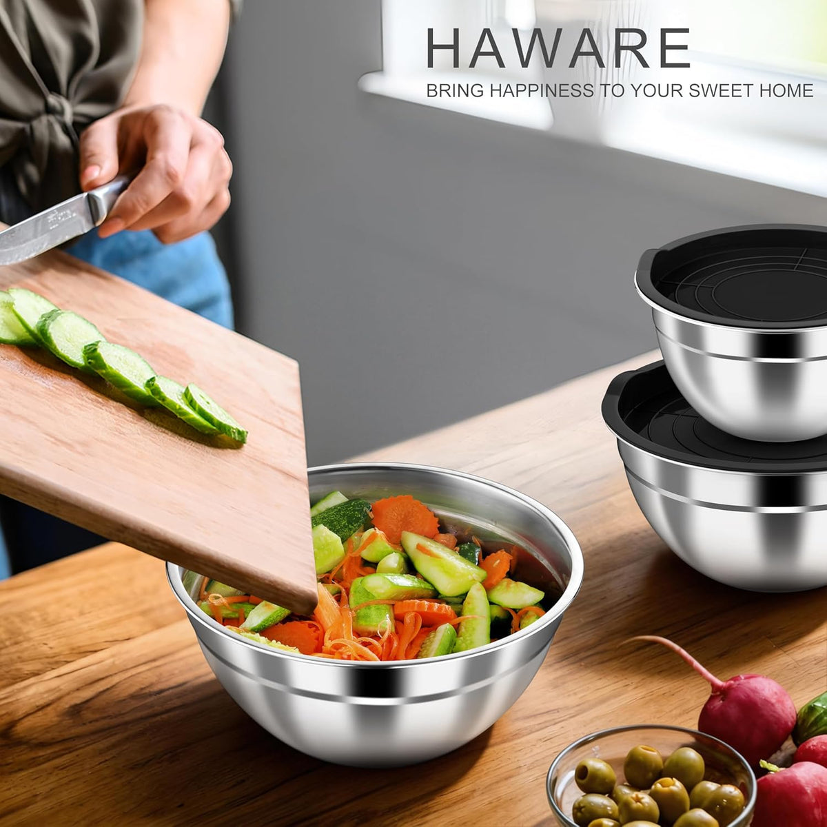 Mixing Bowls with Airtight Clear Lids, 6-Piece Nesting Bowls Set | Stainless Steel Salad Bowl for Cooking, Prepping, Baking, Serving & Food Storage, Size 4.6, 3, 1.5QT, Black