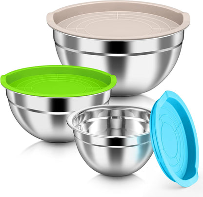 Mixing Bowls with Airtight Clear Lids, 6-Piece Nesting Bowls Set | Stainless Steel Salad Bowl for Cooking, Prepping, Baking, Serving & Food Storage, Size 4.6, 3, 1.5QT, Black