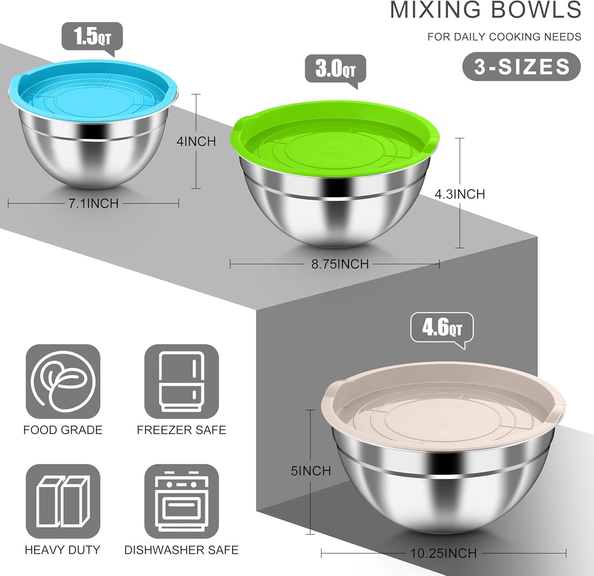 Mixing Bowls with Airtight Clear Lids, 6-Piece Nesting Bowls Set | Stainless Steel Salad Bowl for Cooking, Prepping, Baking, Serving & Food Storage, Size 4.6, 3, 1.5QT, Black