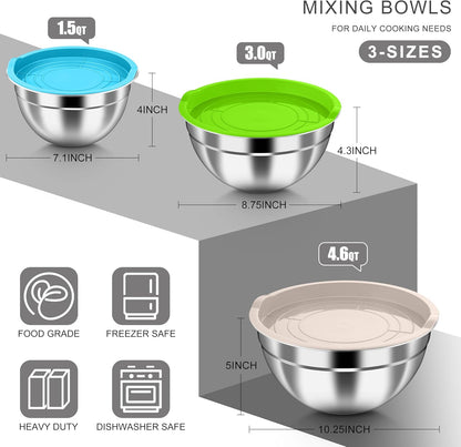 Mixing Bowls with Airtight Clear Lids, 6-Piece Nesting Bowls Set | Stainless Steel Salad Bowl for Cooking, Prepping, Baking, Serving & Food Storage, Size 4.6, 3, 1.5QT, Black