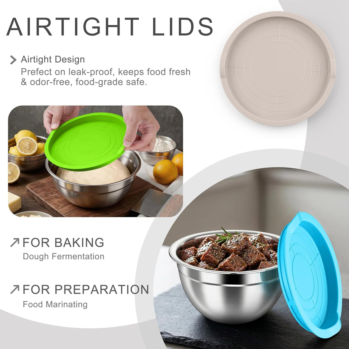 Mixing Bowls with Airtight Clear Lids, 6-Piece Nesting Bowls Set | Stainless Steel Salad Bowl for Cooking, Prepping, Baking, Serving & Food Storage, Size 4.6, 3, 1.5QT, Black