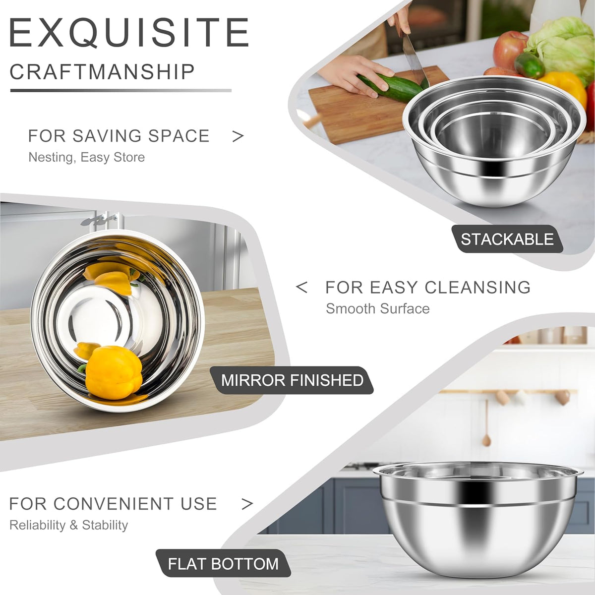 Mixing Bowls with Airtight Clear Lids, 6-Piece Nesting Bowls Set | Stainless Steel Salad Bowl for Cooking, Prepping, Baking, Serving & Food Storage, Size 4.6, 3, 1.5QT, Black